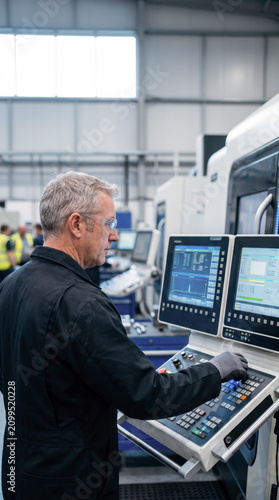 Focused mature engineer operating computer numerical control machine on factory floor