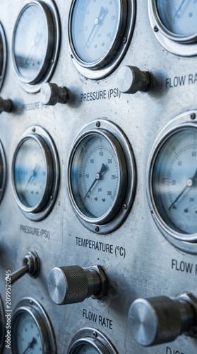 Industrial pressure and temperature gauges labeled on polished steel control panel