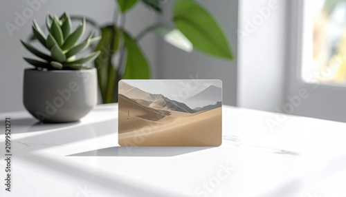 Small rectangle card with desert dune landscape illustration, placed on table with houseplant, indoor interior decor element