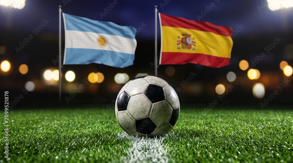 Fototapeta premium Classic soccer football ball on stadium white line with blurred flags of Argentina and Spain waving in background night lights