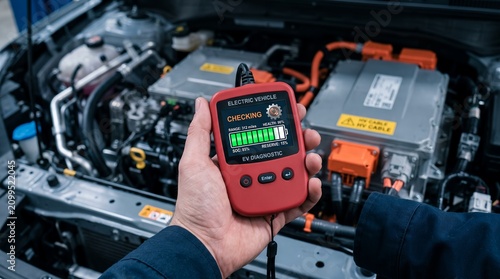 A hand holds a red diagnostic device checking the electric vehicle's battery charge and health status within the car's engine compartment automobile technology modern display