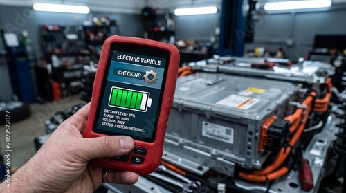 A person holds a diagnostic scanner displaying electric vehicle battery information including charge level and system status near a vehicle's battery pack car checking diagnostic tool