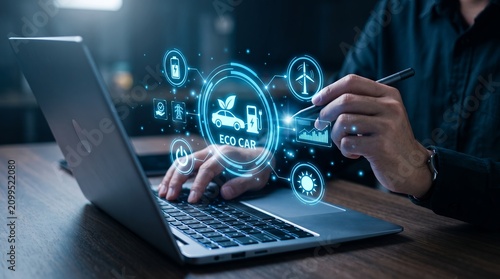 A person uses a stylus to interact with a digital interface displaying an eco car symbol battery power and sun icons next to a laptop electric car sustainability clean energy