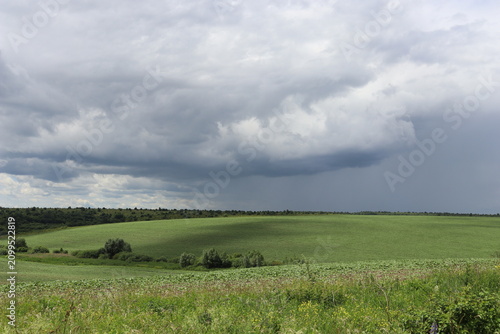 Storm clouds over green agricultural fields before rain