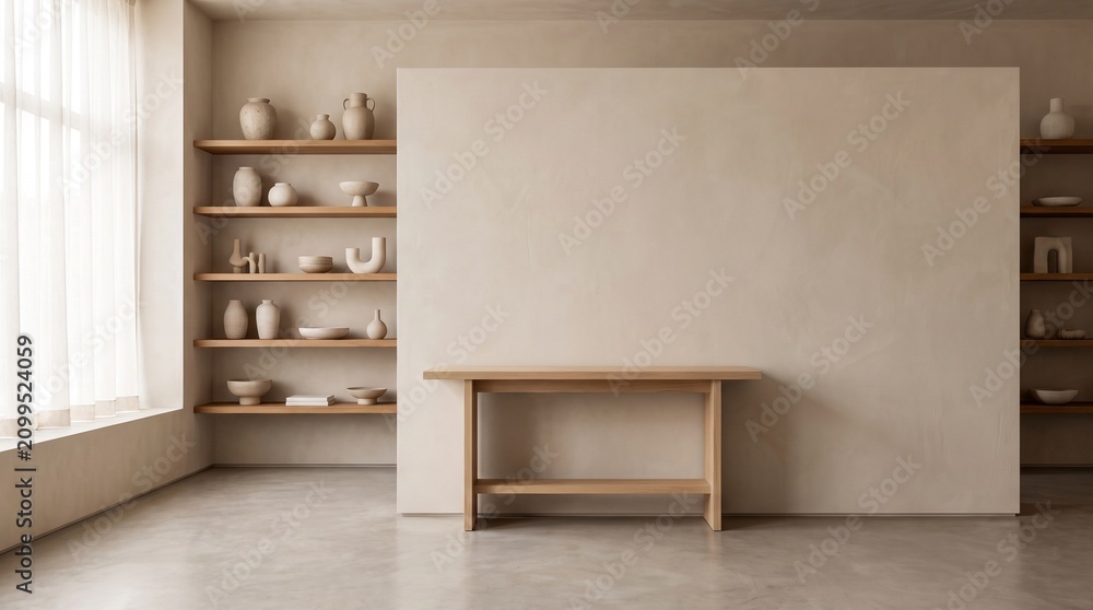 Fototapeta premium Minimalist interior with shelves displaying ceramic vases and a wooden console table