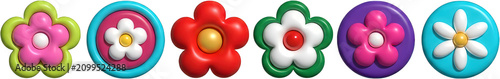 A collection of six colorful three dimensional icons featuring stylized flower shapes with rounded petals and bright glossy finishes arranged horizontally in a row against a clean empty area