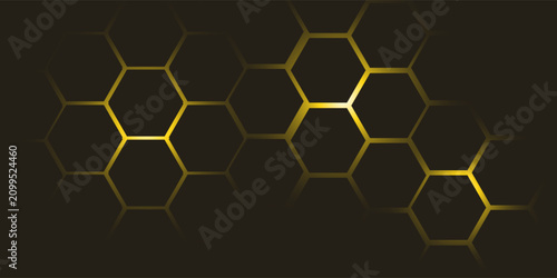 Hexagon technology black and gold colored honeycomb abstract background. vector