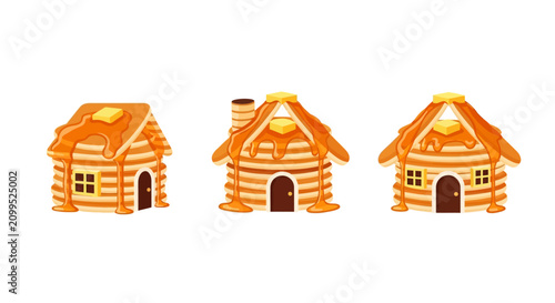 Foto Set of Cute Cartoon Pancake Houses with Syrup and Butter