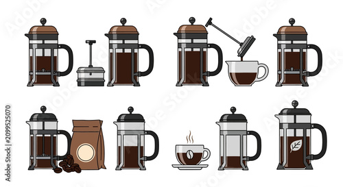 Bild auf Leinwand Set of French Press Coffee Maker Icons and Illustrations