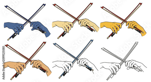 Bild auf Leinwand Set of Illustrations Showing Hands Holding Crossed Violin Bows