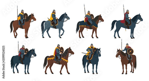 Tableau sur toile Set of Medieval Viking Warriors Riding Horses