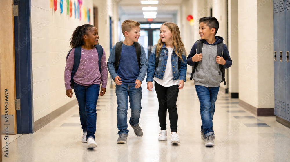 Naklejka premium Schoolchildren Walking Together in Elementary School Hallway