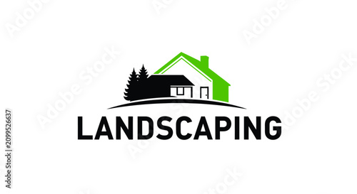 Landscaping logo features a stylized house silhouette combined with evergreen trees to represent professional property maintenance and outdoor design services.