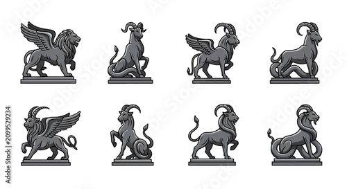 Konstfotografi Set of Mythical Chimera and Capricorn Stone Statues
