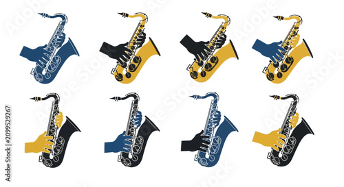 Fotografi Set of Saxophone Player Icons with Hands Playing Musical Instrument