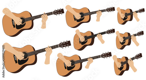 Cuadro en lienzo Set of vector illustrations featuring hands playing acoustic guitars