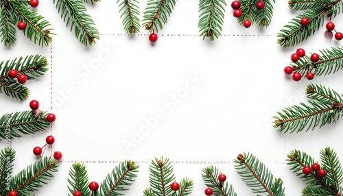Christmas Fir Branches and Red Berries Border with White Space for Text