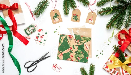 Christmas gift wrapping flat lay with festive elements, scissors, ribbon, gift tags, and presents on a white background.