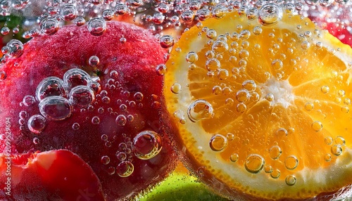 fresh sparkling soda bubbles rising through colorful fruit liquids macro beverage advertising photography