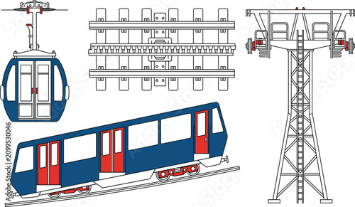 Canvastavla Vector set of mountain transportation elements including funicular train, cable