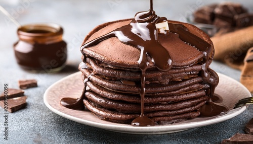 stacked chocolate pancakes drizzled with chocolate sauce
