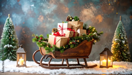 Christmas Sleigh Laden with Gifts, Festive Trees, and Lanterns, Snowy Winter Scene