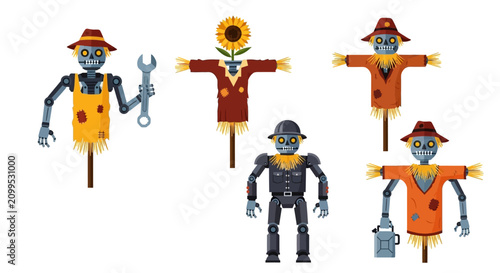 Fotografie Set of Robot Scarecrow Characters for Farm Automation