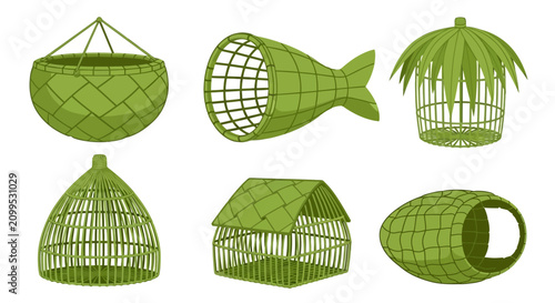 Set of Traditional Woven Bamboo Fish Traps and Baskets