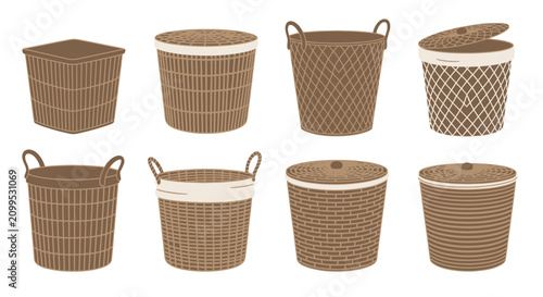 Set of Various Wicker Baskets for Storage and Home Organization
