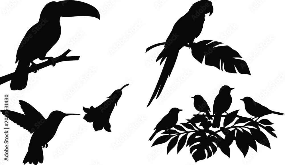 Fototapeta premium Tropical bird silhouettes including a toucan, macaw parrot, hummingbird, and small birds on exotic leaves