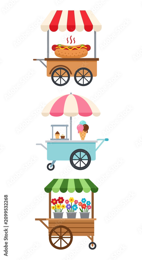 Fototapeta premium Street Food Carts: Hot Dog, Ice Cream, and Flower Stands