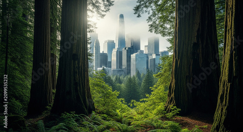 City skyline through giant tree trunks