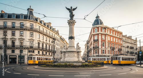 City street with historic buildings and statue
