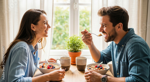 Couple eating cereal together smiling