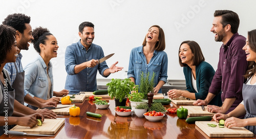 Diverse group cooking class laughing together