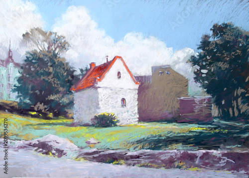 Pastel illustration of landscape of old town