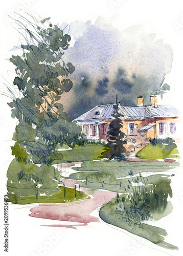 Watercolor illustration of park landscape with palace