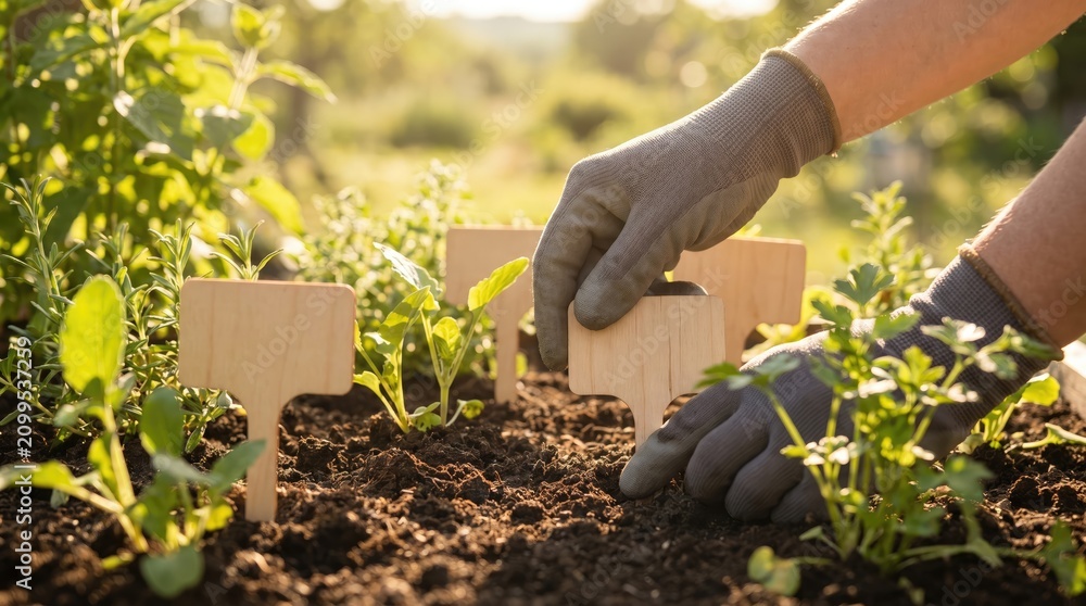 Fototapeta premium Gloved hands place wooden signs among small green seedlings in garden soil under