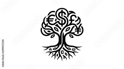 Money tree with global currency symbols