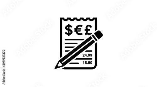 Financial receipt currency symbols and pencil icon