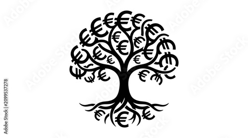 Money tree symbol with euro currency signs