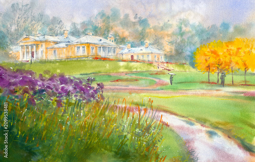 Watercolor illustration of park landscape with palace