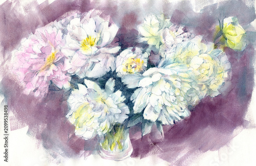 Watercolor illustration of peony flowers bouquet.