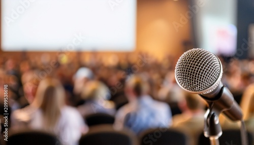 close up of a microphone in front of a blurred audience at a presentation