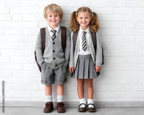 Smiling young boy and girl in school uniforms with backpacks against a white brick wall