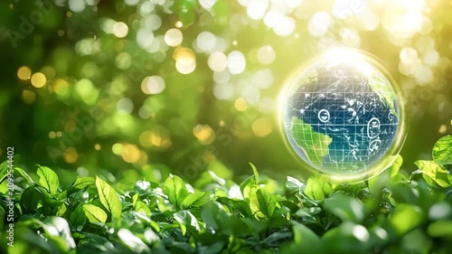 Environmental Conservation Concept with a Glowing Earth Globe Over Lush Green Foliage and Bright Bokeh Sunlight