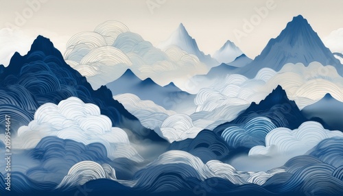 blue mountain white and gray tones soft gradient cloud pattern chinese style