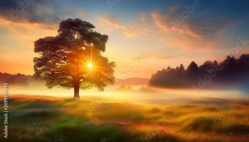 serene dawn solitary tree in a misty meadow bathed in golden sunlight
