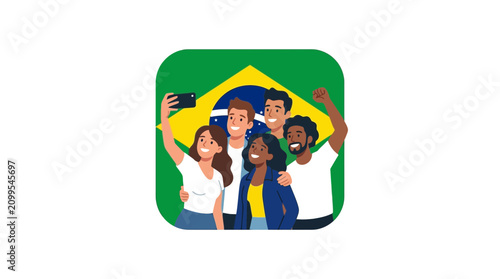 Diverse group of friends taking a selfie with Brazilian flag.