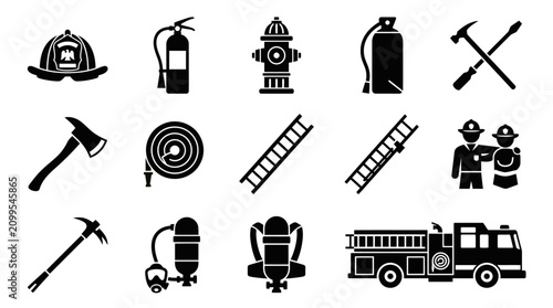 Firefighter Equipment Icons: Helmet, Axe, Hose, Ladder, Fire Truck, Extinguisher, Hydrant - Black Glyph Set